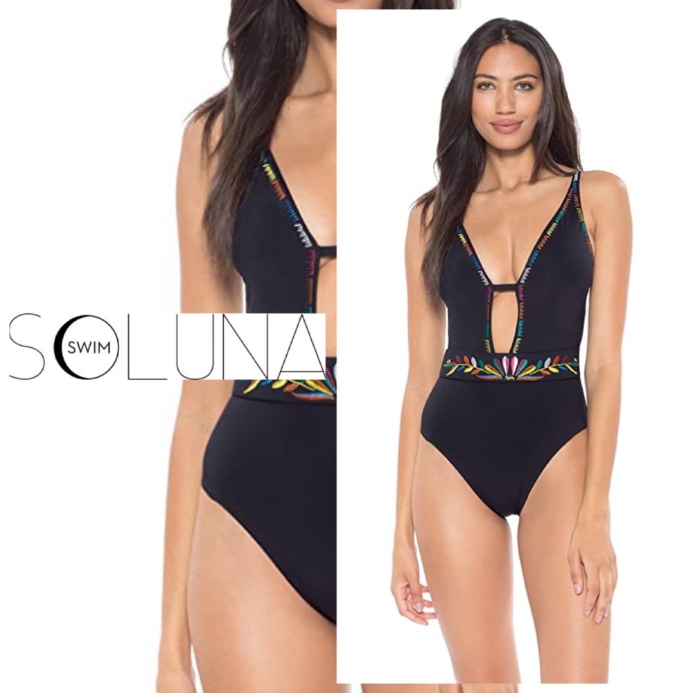 NWT Soluna Swim Black Belted Radiant Plunge Embroidered One-Piece - S